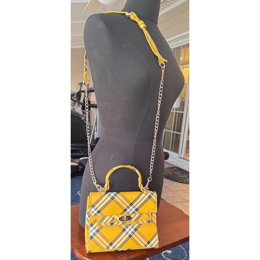 Madden NYC Taxi Yellow Plaid Crossbody TopHandle Chain Strap EUC 8.25x6.25x2.5" - Picture 2 of 11